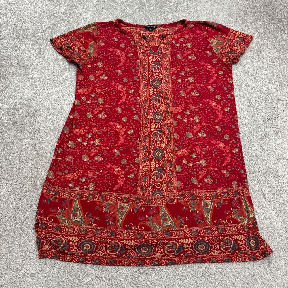 Lucky Brand Paisley Floral Knit Short Sleeve Shift Shirt Dress Womens Large Red